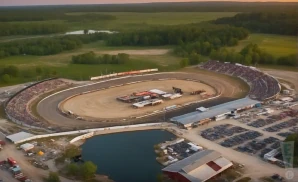 a realistic drone promo venue photograph of the eldora speedway at sunset.