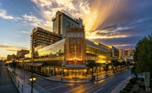 an ultra-realistic photograph of the eldorado showroom at eldorado casino in reno, nevada, captured at sunset. 