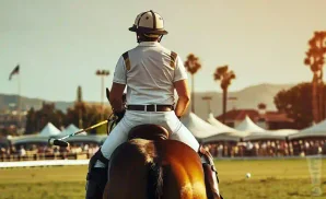 a rear view picture of a polo player horseback riding at the empire polo field
