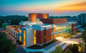 a photograph of the etsu martin center for the arts in johnson city, tennessee, captured at sunset. 