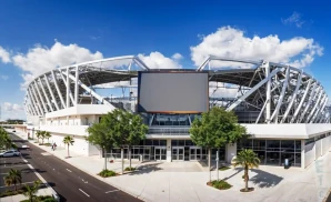 an exterior promotional venue picture of exploria stadium with a sunny sky