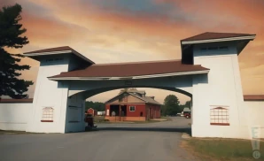 a realistic promo venue photograph of the franklin county fairgrounds at sunset with clouds. 