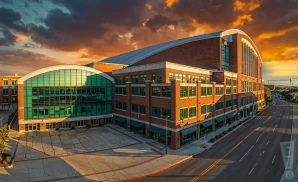 a photograph of gainbridge fieldhouse in indianapolis, indiana, captured at sunset.