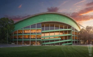 a cinematic ultra-realistic photograph of garrett coliseum in montgomery, alabama, captured at sunset. 