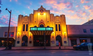 an exterior promotional venue picture of golden state theatre  with a sunset sky