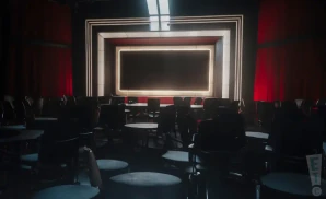 an interior promotional venue picture of the stage of the gotham comedy club