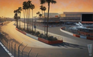 a realistic drone promo venue photograph of the grand prix of long beach at sunset with clouds.