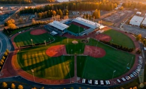 aerial promotional picture of hillsboro stadium in hillsboro, oregon, captured at sunset.