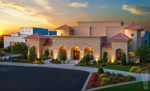 a hyper-realistic wide-angle aerial photograph of hollywood casino at charles town races in charles town, west virginia, captured at sunset 