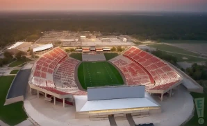 a realistic drone promo venue photograph of jack trice stadium at sunset.