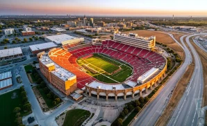 a realistic drone promo venue photograph of jones at&t stadium at sunset. 