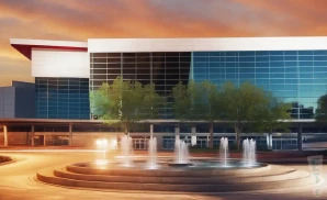 a photography of the kfc yum! center at sunset with clouds.