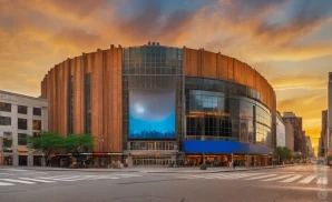 a photograph of the madison square garden at sunset with clouds.