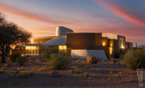 a photograph of the marquee theatre in tempe, arizona, captured at sunset with warm, golden light illuminating the venue’s light brown facade. 