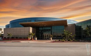a cinematic ultra-realistic photograph of the mechanics bank theater in bakersfield, california, captured at sunset.