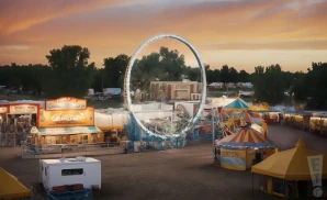 a professional promo picture of the medicine hat exhibition & stampede empty at sunset with clouds.