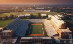 a realistic drone promo venue photograph of memorial stadium il at sunset. 