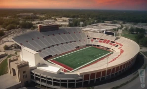 a realistic drone promo venue photograph of memorial stadium in at sunset.