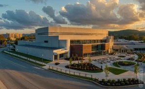 a hyper-realistic wide-angle aerial photograph of mountain health arena in huntington, west virginia