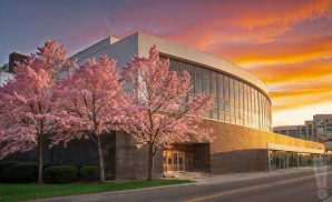 a photograph of the northern alberta jubilee auditorium in edmonton, alberta, captured at sunset with warm, golden light illuminating the venue’s modern and elegant facade. 