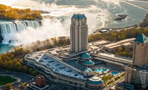 a hyper-realistic wide-angle aerial photograph of niagara fallsview casino resort in niagara falls, ontario, captured at sunset with golden light reflecting off the building’s grand glass dome and cur