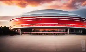 an exterior picture of the pnc arena from across the entrance esplanade during sunset