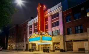 an exterior promotional venue picture of providence performing arts center with a night sky