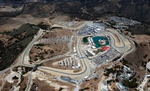 an aerial promotional venue picture of the raceway laguna seca during the day