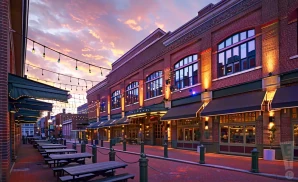 an exterior promotional venue picture of rams head live with a sunset sky
