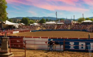 an ultra-realistic image of the redding rodeo grounds at sunset