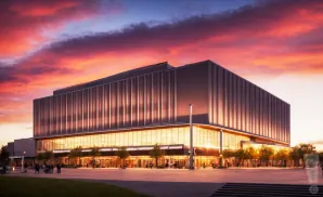 exterior promotional venue picture of the reed arena with a sunset sky.