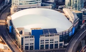 an aerial picture of rogers arena in vancouver, canada, during sunset