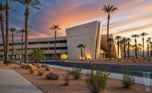 a hyper-realistic wide-angle photograph of spotlight 29 casino in coachella, california, captured at sunset. 