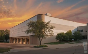 a hyper-realistic wide-angle photograph of st. joseph civic arena in st. joseph, missouri, captured at sunset. 