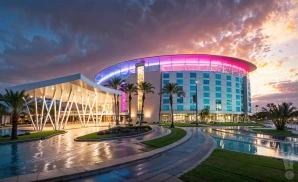  hyper-realistic wide-angle photograph of tachi palace hotel & casino in lemoore, california, captured during sunset with soft pastel skies in pink, lavender, and peach hues. 