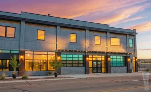 a cinematic ultra-realistic photograph of the gaslight social in casper, wyoming, captured at sunset. 