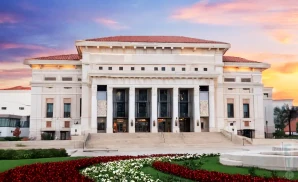 an exterior promotional venue picture of the palladium - center for the performing arts with a sunset sky