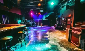 an interior picture of the rail club during the night while empty