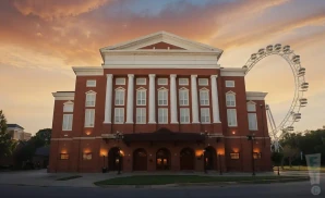 a photograph of the tabernacle in atlanta, georgia, captured at sunset. 