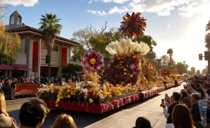 a photograph of the tournament of roses parade in pasadena, california, captured on a sunny morning. 