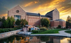 a photograph of the university of denver - newman center at sunset, capturing the distinctive gray architectural style of the university of denver - newman center from a frontal perspective. 