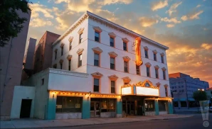 a photograph of the u.s. cellular stage at the bijou theatre in knoxville, tennessee, captured at sunset with warm, golden light illuminating the venue’s white facade. 