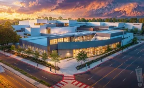 a photograph of von braun center mars music hall in huntsville, alabama, captured at sunset. 