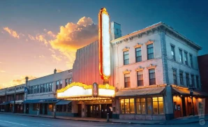 a photograph of the warner theatre in torrington, connecticut, captured at sunset. 