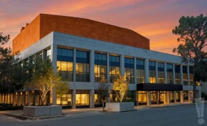 a photograph of zellerbach hall at sunset, capturing the full front view of zellerbach hall in berkeley, california. 