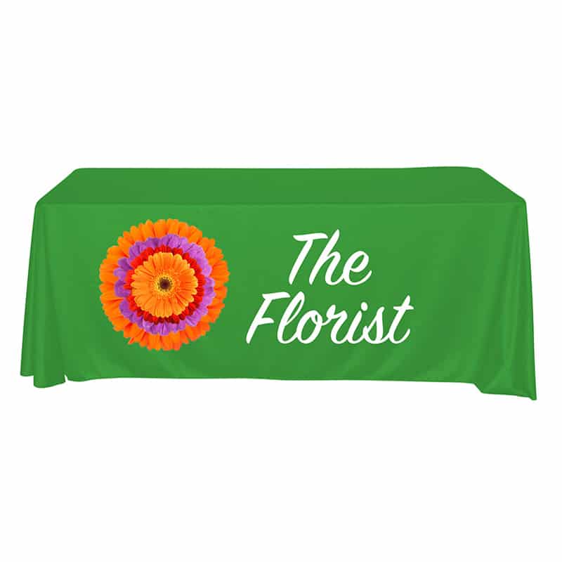 full color vinyl imprint table throw, green with flower and text