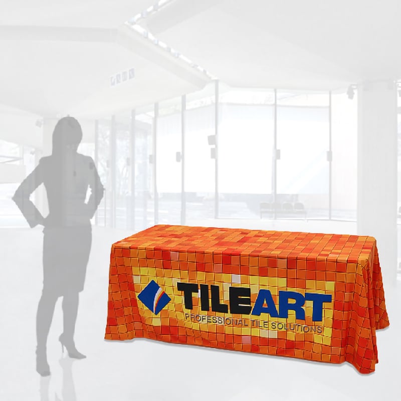 8 foot dye sublimation fully printed table cover shown with woman silhouette for scale