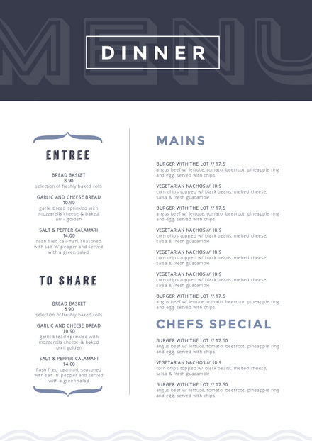 dark blue header dinner menu template easil