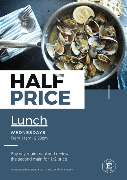 half price lunch template with plate of mussels image easil
