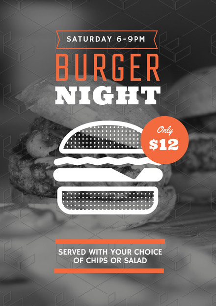 Black White And Orange Burger Night Poster Design With Vector